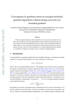 Convergence in quadratic mean of averaged stochastic gradient algorithms
  without strong convexity nor bounded gradient