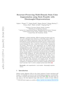 Structure-Preserving Multi-Domain Stain Color Augmentation using
  Style-Transfer with Disentangled Representations
