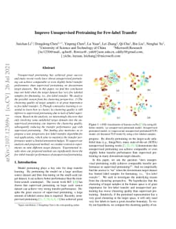 Improve Unsupervised Pretraining for Few-label Transfer