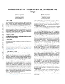 Adversarial Random Forest Classifier for Automated Game Design