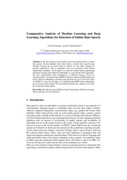 Comparative Analysis of Machine Learning and Deep Learning Algorithms
  for Detection of Online Hate Speech