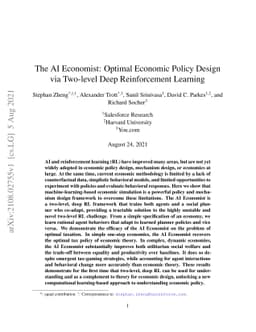 The AI Economist: Optimal Economic Policy Design via Two-level Deep
  Reinforcement Learning