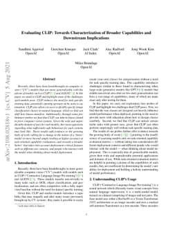 Evaluating CLIP: Towards Characterization of Broader Capabilities and
  Downstream Implications
