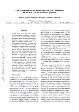 Attacks against Ranking Algorithms with Text Embeddings: a Case Study on
  Recruitment Algorithms