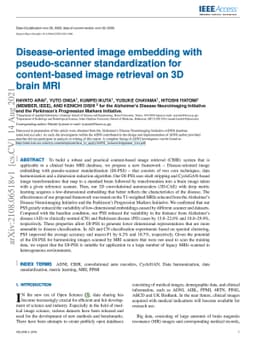 Disease-oriented image embedding with pseudo-scanner standardization for
  content-based image retrieval on 3D brain MRI