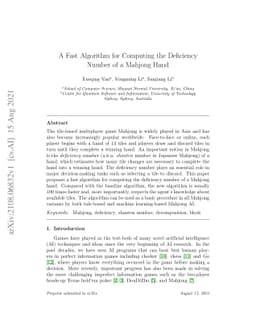 A Fast Algorithm for Computing the Deficiency Number of a Mahjong Hand
