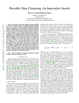 Provable Data Clustering via Innovation Search