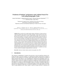 Prediction of Students performance with Artificial Neural Network using
  Demographic Traits
