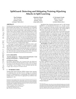 SplitGuard: Detecting and Mitigating Training-Hijacking Attacks in Split
  Learning