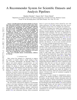 A Recommender System for Scientific Datasets and Analysis Pipelines