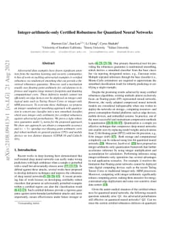Integer-arithmetic-only Certified Robustness for Quantized Neural
  Networks