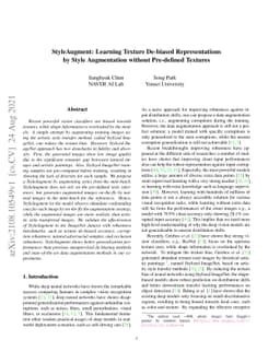StyleAugment: Learning Texture De-biased Representations by Style
  Augmentation without Pre-defined Textures