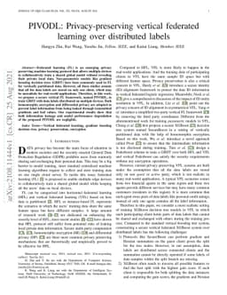 PIVODL: Privacy-preserving vertical federated learning over distributed
  labels