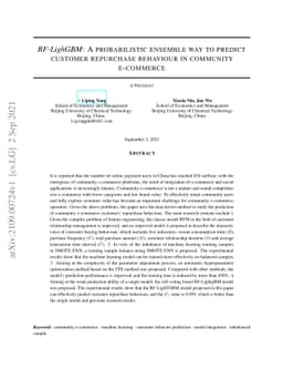 RF-LighGBM: A probabilistic ensemble way to predict customer repurchase
  behaviour in community e-commerce