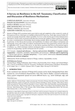 A Survey on Resilience in the IoT: Taxonomy, Classification and
  Discussion of Resilience Mechanisms