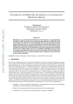 Feasibility of Proof of Authority as a Consensus Protocol Model