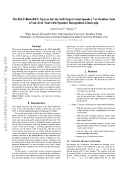 The DKU-DukeECE System for the Self-Supervision Speaker Verification
  Task of the 2021 VoxCeleb Speaker Recognition Challenge