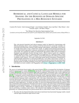Biomedical and Clinical Language Models for Spanish: On the Benefits of
  Domain-Specific Pretraining in a Mid-Resource Scenario