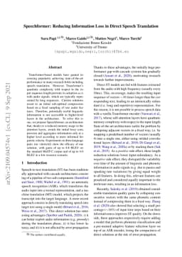 Speechformer: Reducing Information Loss in Direct Speech Translation
