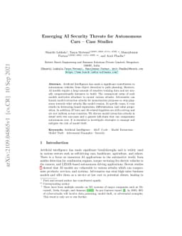 Emerging AI Security Threats for Autonomous Cars -- Case Studies