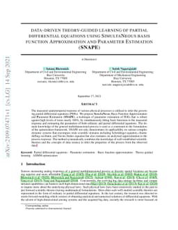 Data-Driven Theory-guided Learning of Partial Differential Equations
  using SimultaNeous Basis Function Approximation and Parameter Estimation
  (SNAPE)