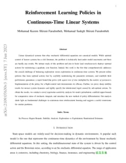 Reinforcement Learning Policies in Continuous-Time Linear Systems