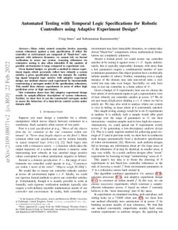 Automated Testing with Temporal Logic Specifications for Robotic
  Controllers using Adaptive Experiment Design