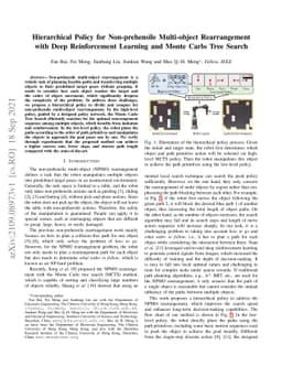 Hierarchical Policy for Non-prehensile Multi-object Rearrangement with
  Deep Reinforcement Learning and Monte Carlo Tree Search