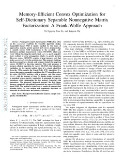 Memory-Efficient Convex Optimization for Self-Dictionary Separable
  Nonnegative Matrix Factorization: A Frank-Wolfe Approach