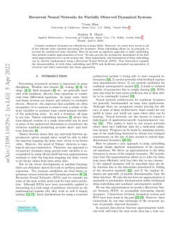 Recurrent Neural Networks for Partially Observed Dynamical Systems