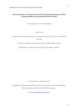 Electoral Programs of German Parties 2021: A Computational Analysis Of
  Their Comprehensibility and Likeability Based On SentiArt