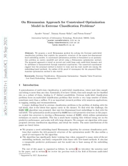 On Riemannian Approach for Constrained Optimization Model in Extreme
  Classification Problems
