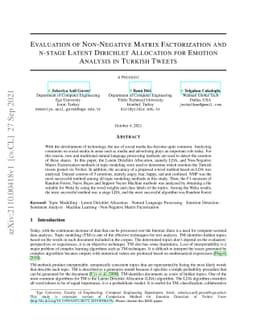 Evaluation of Non-Negative Matrix Factorization and n-stage Latent
  Dirichlet Allocation for Emotion Analysis in Turkish Tweets