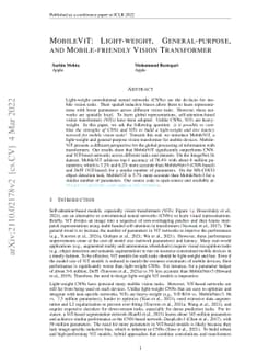 MobileViT: Light-weight, General-purpose, and Mobile-friendly Vision
  Transformer