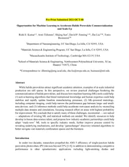 Opportunities for Machine Learning to Accelerate Halide Perovskite
  Commercialization and Scale-Up