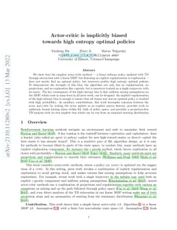 Actor-critic is implicitly biased towards high entropy optimal policies