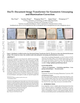 DocTr: Document Image Transformer for Geometric Unwarping and
  Illumination Correction