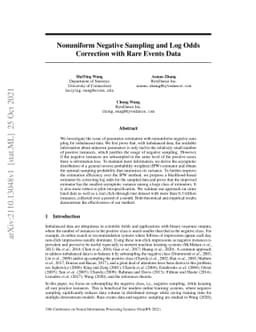 Nonuniform Negative Sampling and Log Odds Correction with Rare Events
  Data