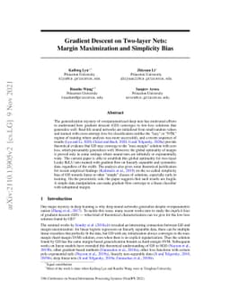 Gradient Descent on Two-layer Nets: Margin Maximization and Simplicity
  Bias