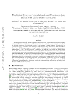 Combining Recurrent, Convolutional, and Continuous-time Models with
  Linear State-Space Layers
