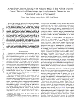 Adversarial Online Learning with Variable Plays in the Pursuit-Evasion
  Game: Theoretical Foundations and Application in Connected and Automated
  Vehicle Cybersecurity