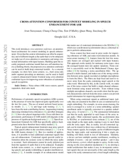 Cross-attention conformer for context modeling in speech enhancement for
  ASR