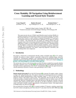 Cross Modality 3D Navigation Using Reinforcement Learning and Neural
  Style Transfer