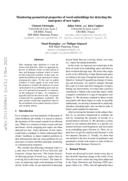 Monitoring geometrical properties of word embeddings for detecting the
  emergence of new topics