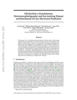 EEGEyeNet: a Simultaneous Electroencephalography and Eye-tracking
  Dataset and Benchmark for Eye Movement Prediction