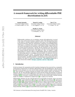 A research framework for writing differentiable PDE discretizations in
  JAX