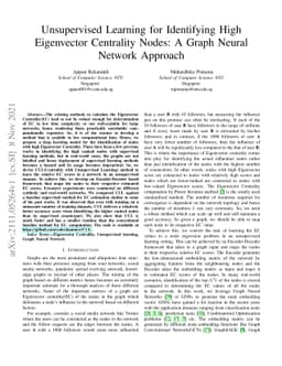 Unsupervised Learning for Identifying High Eigenvector Centrality Nodes:
  A Graph Neural Network Approach