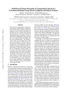 Prediction of Listener Perception of Argumentative Speech in a
  Crowdsourced Dataset Using (Psycho-)Linguistic and Fluency Features