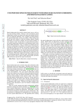 Unsupervised Speech Enhancement with speech recognition embedding and
  disentanglement losses