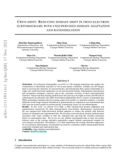Cryo-shift: Reducing domain shift in cryo-electron subtomograms with
  unsupervised domain adaptation and randomization